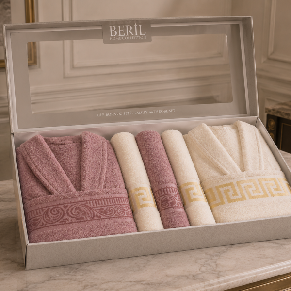 Set cadou premium halate și prosoape din bumbac 100% – 2 halate unisex + 4 prosoape, cutie elegantă cu mâner-SHB-9