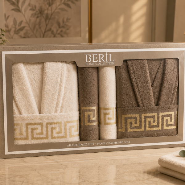 Set cadou premium halate și prosoape din bumbac 100% – 2 halate unisex + 4 prosoape, cutie elegantă cu mâner-SHB-13