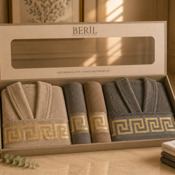 Set cadou premium halate și prosoape din bumbac 100% – 2 halate unisex + 4 prosoape, cutie elegantă cu mâner-SHB-15