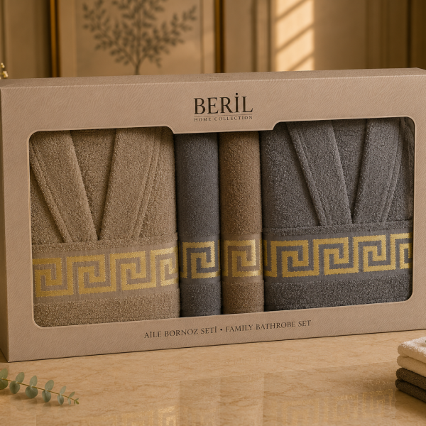Set cadou premium halate și prosoape din bumbac 100% – 2 halate unisex + 4 prosoape, cutie elegantă cu mâner-SHB-15