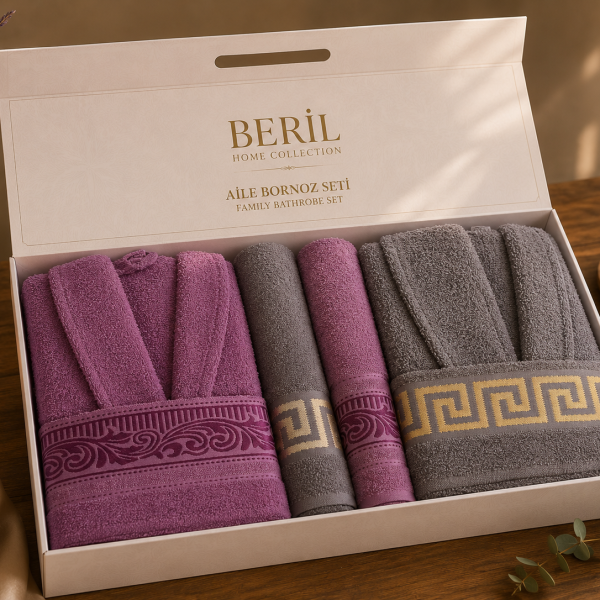 Set cadou premium halate și prosoape din bumbac 100% – 2 halate unisex + 4 prosoape, cutie elegantă cu mâner-SHB-18