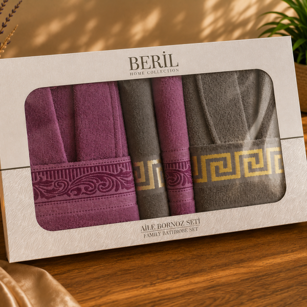 Set cadou premium halate și prosoape din bumbac 100% – 2 halate unisex + 4 prosoape, cutie elegantă cu mâner-SHB-18