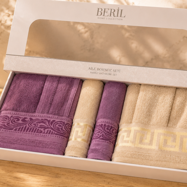 Set cadou premium halate și prosoape din bumbac 100% – 2 halate unisex + 4 prosoape, cutie elegantă cu mâner