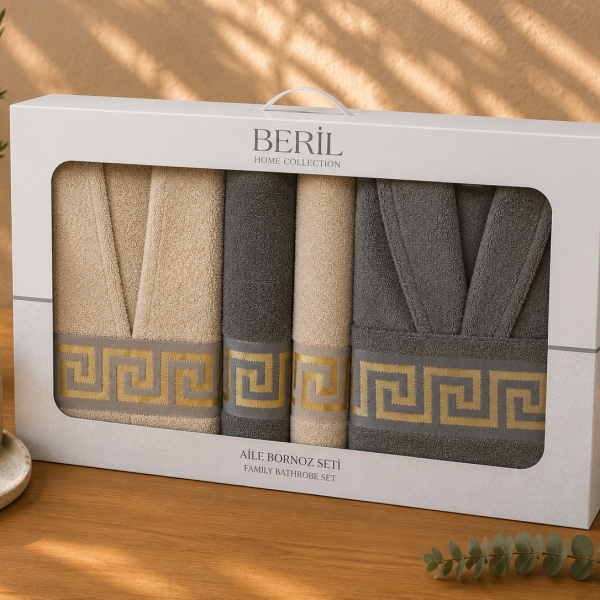 Set cadou premium halate și prosoape din bumbac 100% – 2 halate unisex + 4 prosoape, cutie elegantă cu mâner-SHB-23