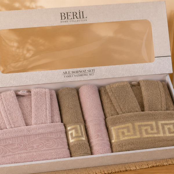 Set cadou premium halate și prosoape din bumbac 100% – 2 halate unisex + 4 prosoape, cutie elegantă cu mâner-SHB-27