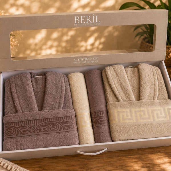 Set cadou premium halate și prosoape din bumbac 100% – 2 halate unisex + 4 prosoape, cutie elegantă cu mâner