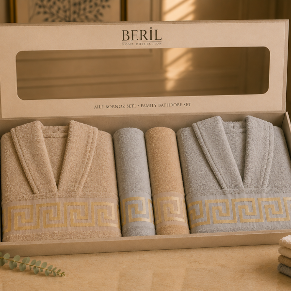 Set cadou premium halate și prosoape din bumbac 100% – 2 halate unisex + 4 prosoape, cutie elegantă cu mâner-SHB-16