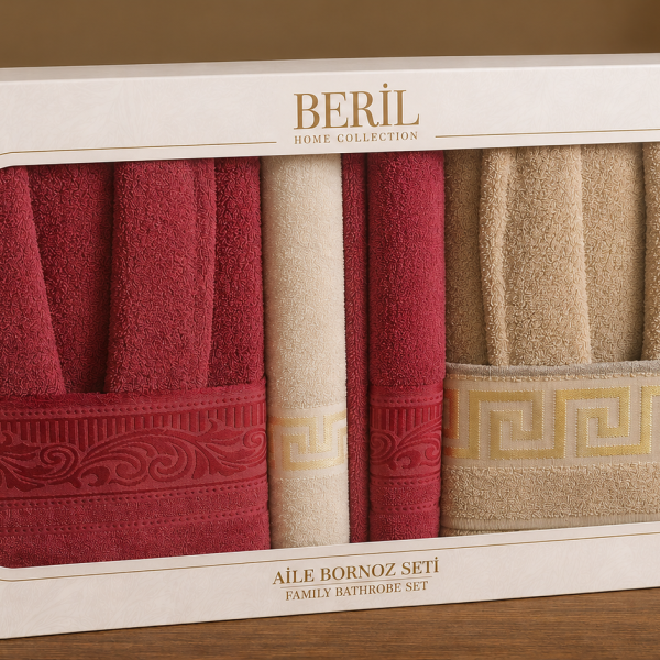 Set cadou premium halate și prosoape din bumbac 100% – 2 halate unisex + 4 prosoape, cutie elegantă cu mâner-SHB-17