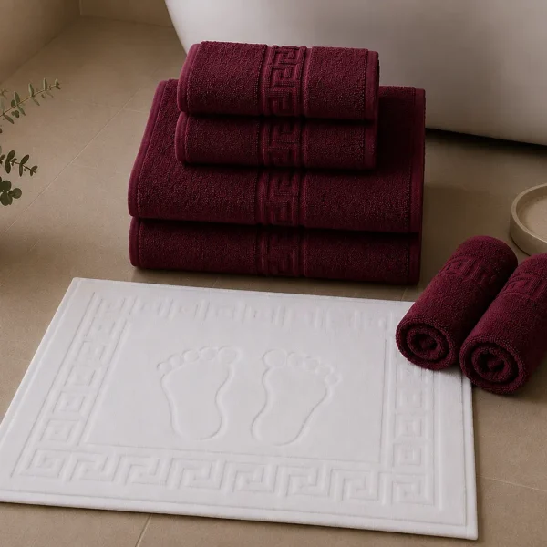 Set 7 Prosoape Luxury Hoteliere Bumbac Pakistanez Greek Border Burgundy – 650 g/m²