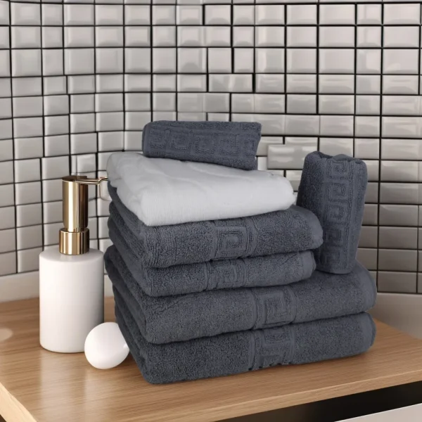 Set 7 Prosoape Luxury Hoteliere Bumbac Pakistanez Greek Border Gri – 650 g/m²